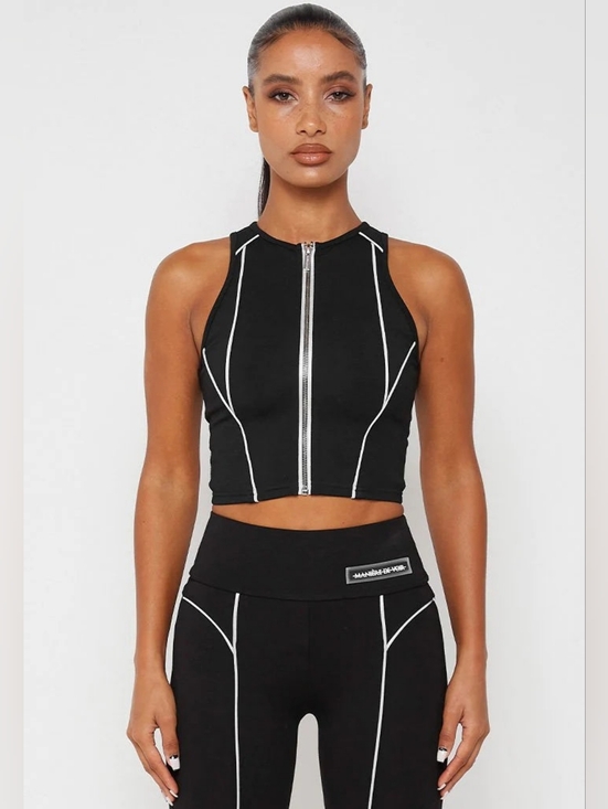 Maniere De Voir Tops - Manière De Voir (MDV) Black Reflective Piped Racer Crop Top UK 8 (US 4)